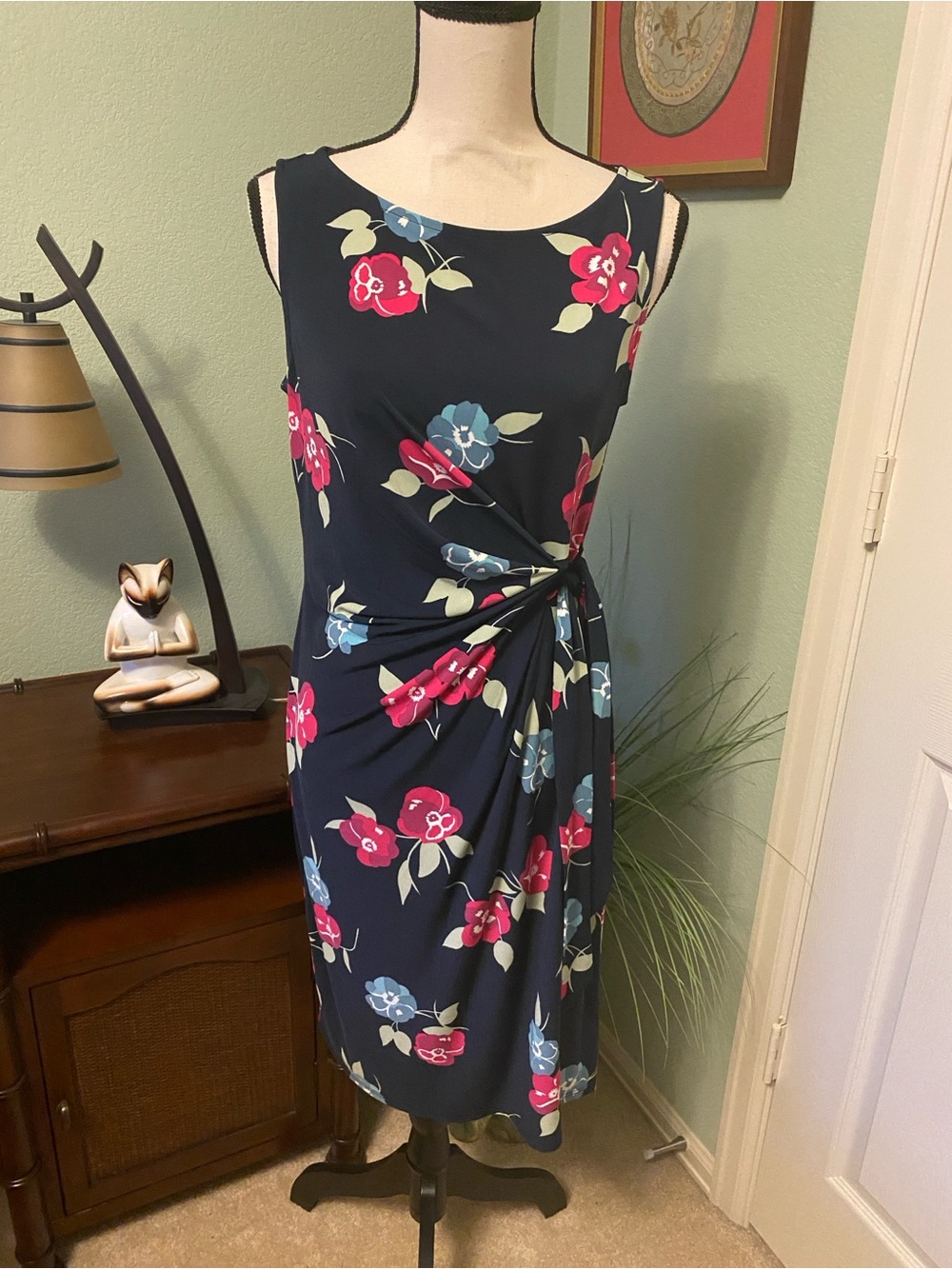 Ann Taylor Navy Floral Twist-Front Midi Dress